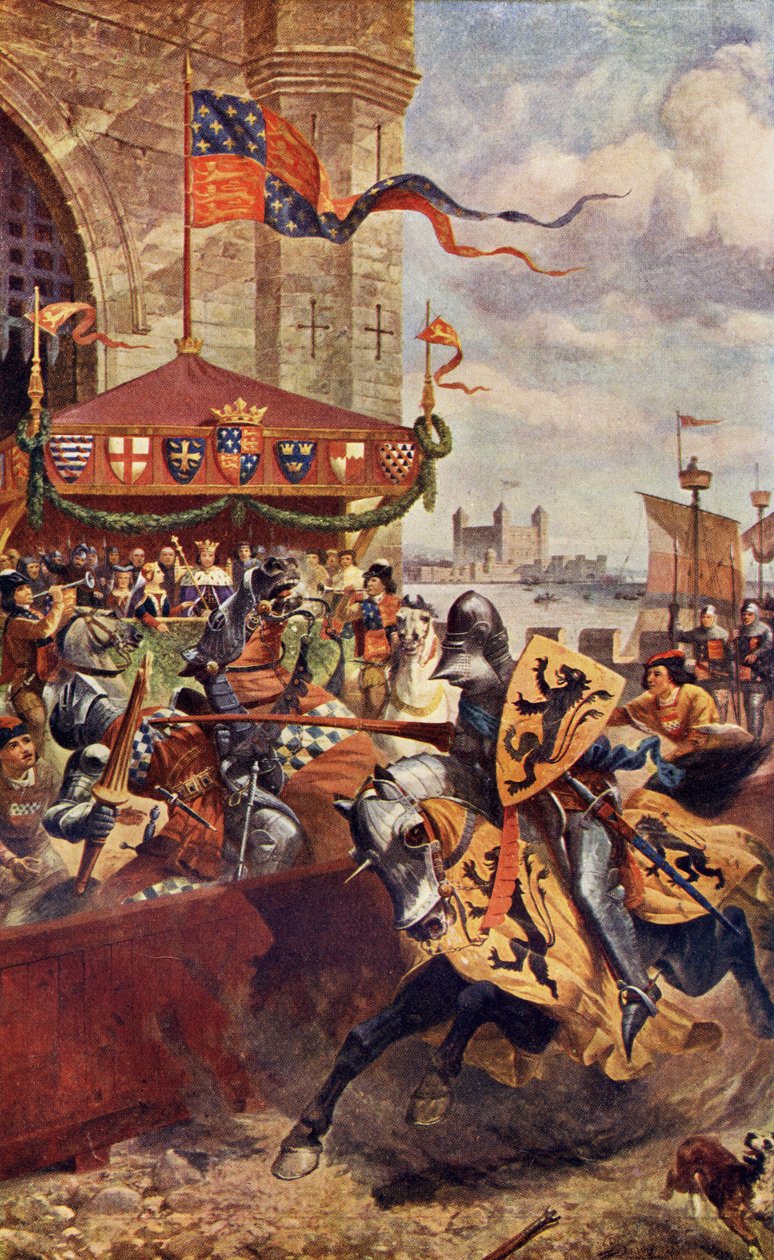 Slavnostní klání na London Bridge mezi Davidem de Lyndsays a Lordem Johnem de Welles v roce 1390, ilustrace z „Romance and Legend of Chivalry“ od A. R. Hope Moncrieff od Richard Beavis