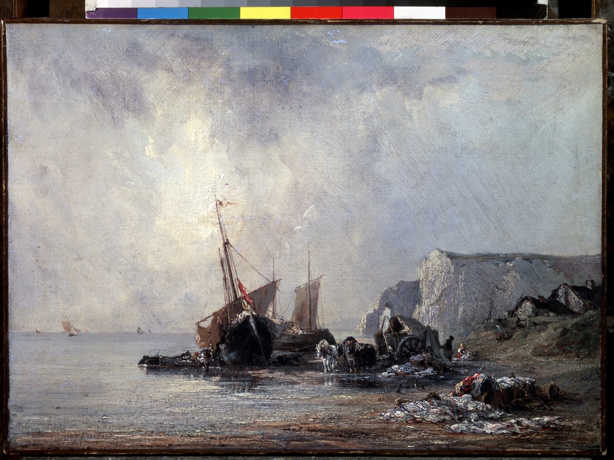 "Lodě na pobřeží Normandie"" (Lodě na pobřeží Normandie) Obraz Richarda Parkese Boningtona (1802-1828) 1823-1824 Rozměr. 33x46 cm Petrohrad, Ermitážní muzeum od Richard Bonington