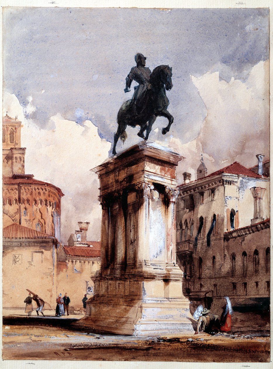 Jezdecká socha Colleoni de Verrocchio v Benátkách, náměstí kostela San Giovanni a Paolo. Akvarel od Richarda Parkese Boningtona (1801-1828) Paříž 19. století, muzeum Louvre od Richard Bonington