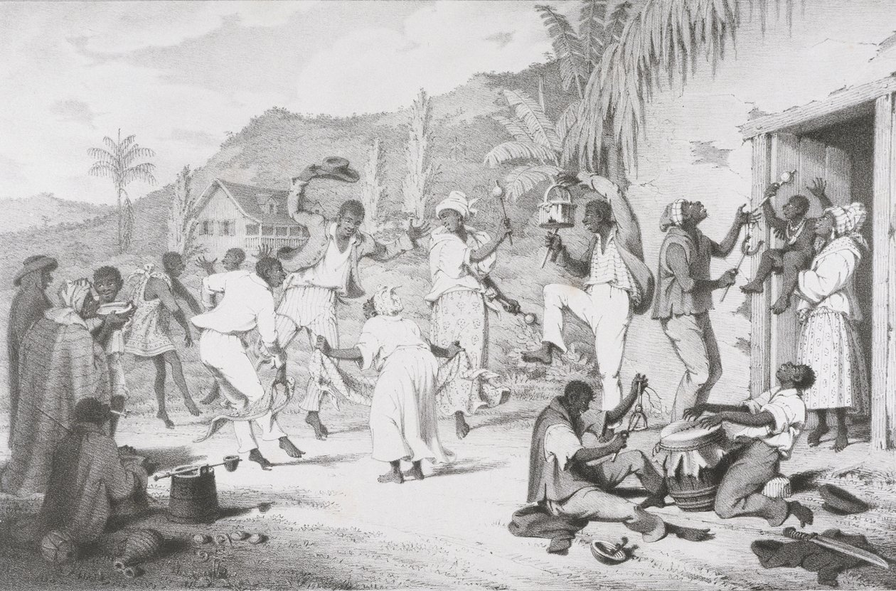 Black Dance, teoksesta "West India Scenery with Illustrations of Negro Character", painatus R. Jennings od Richard Bridgens