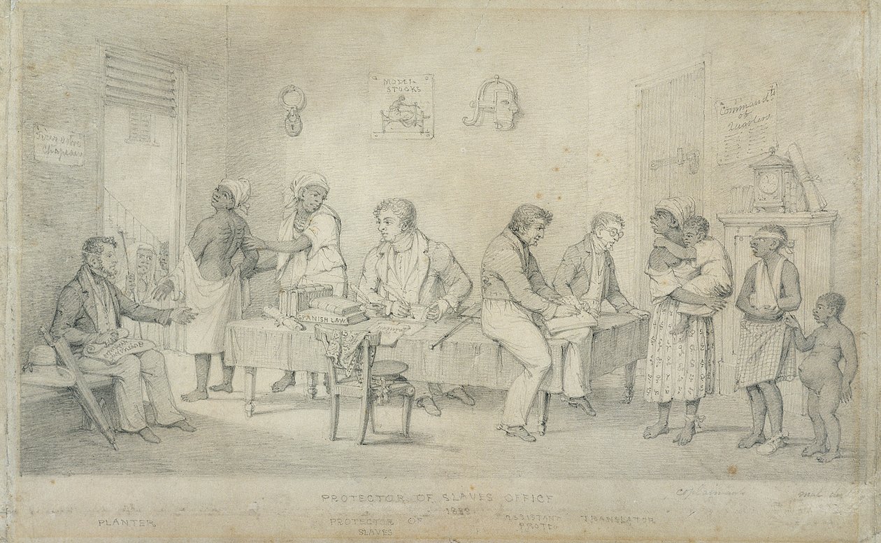 Protector of Slaves Office, Trinidad, cca 1833 (grafit na tkaném papíře) od Richard Bridgens