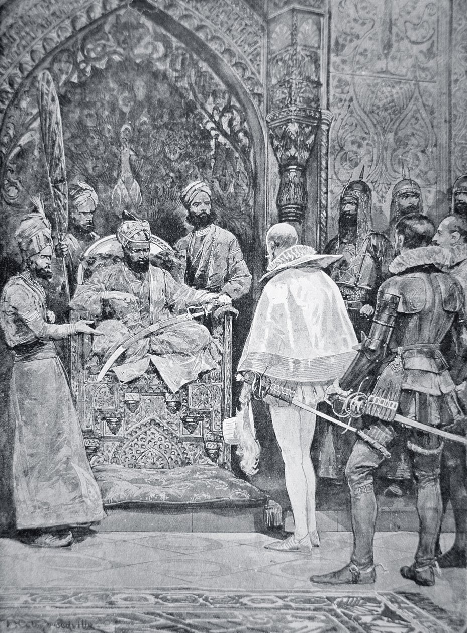 Akbar Veliký přijímá velvyslance královny Alžběty v roce 1599 (litho) od Richard Caton (after) Woodville
