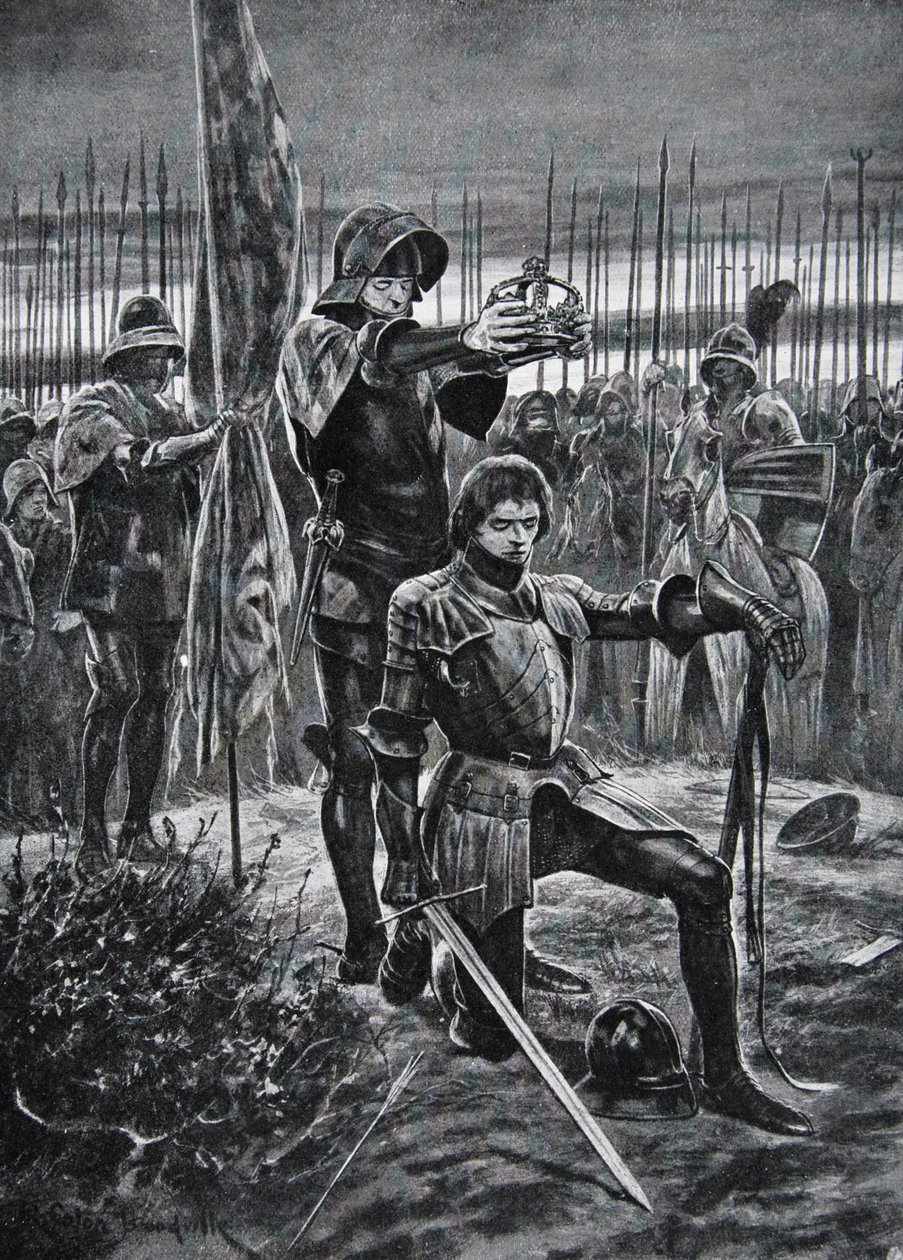 Jindřich VII. korunován v Bosworthu, ilustrace z „Dějiny národa“ (litho) od Richard Caton II (after) Woodville