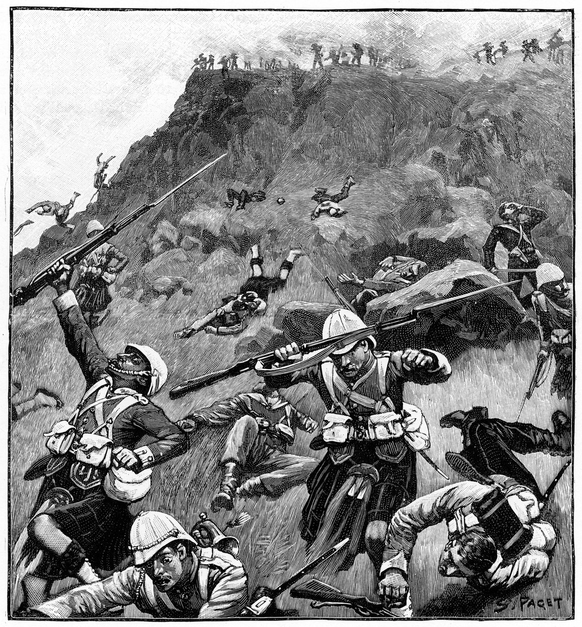 92. Gordon Highlanders na ústupu, bitva o kopec Majuba, 1. búrská válka, 26.–27. února 1881 od Richard Caton II Woodville