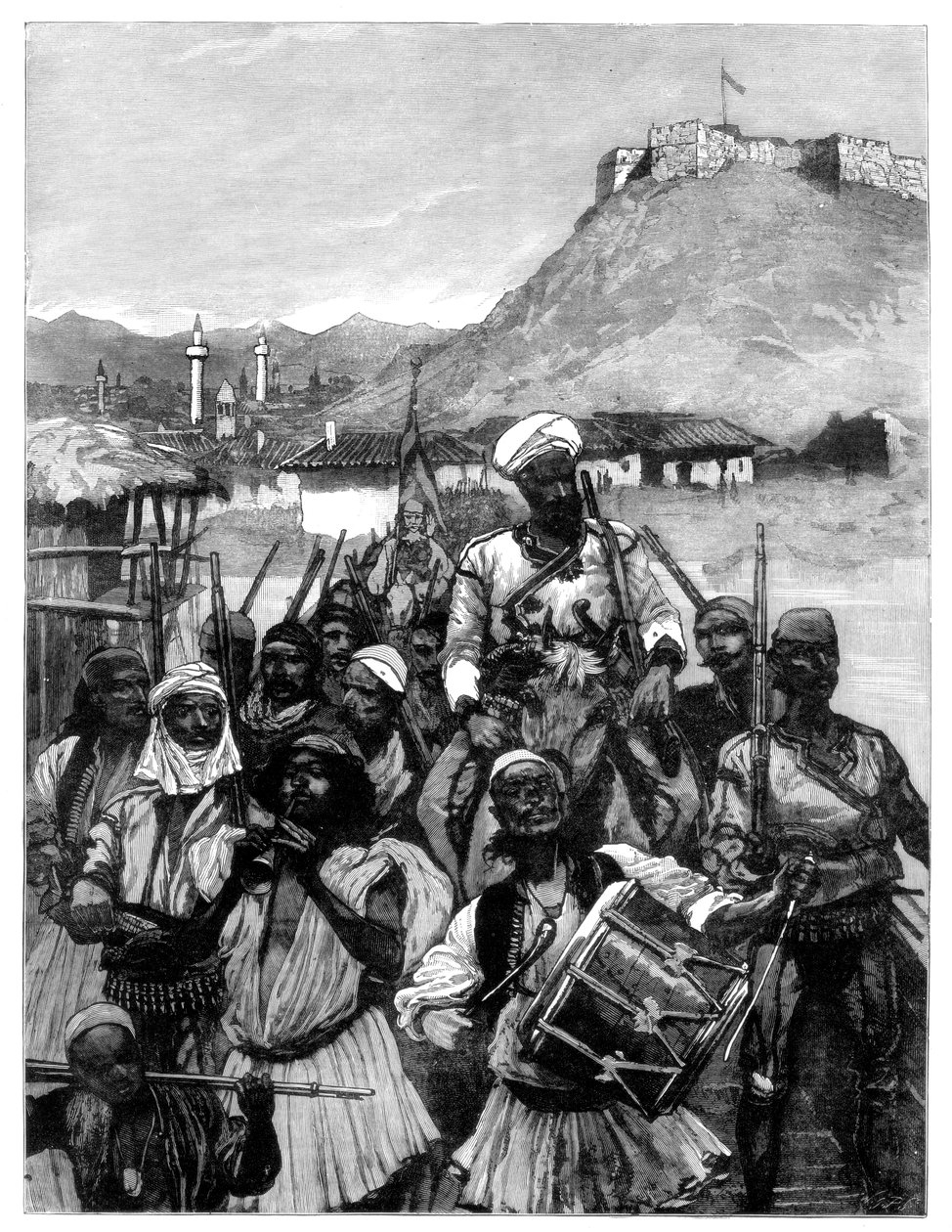 Albánci ze Scutari překročili Boyanu, aby obsadili Dulcigno, 1880. od Richard Caton II Woodville