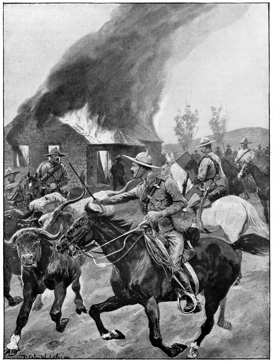 Britské koloniální jednotky vypalují farmu povstaleckých Búrů. Podle obrazu R. Catona Woodvillea. Druhá búrská válka 1899-1902. od Richard Caton II Woodville