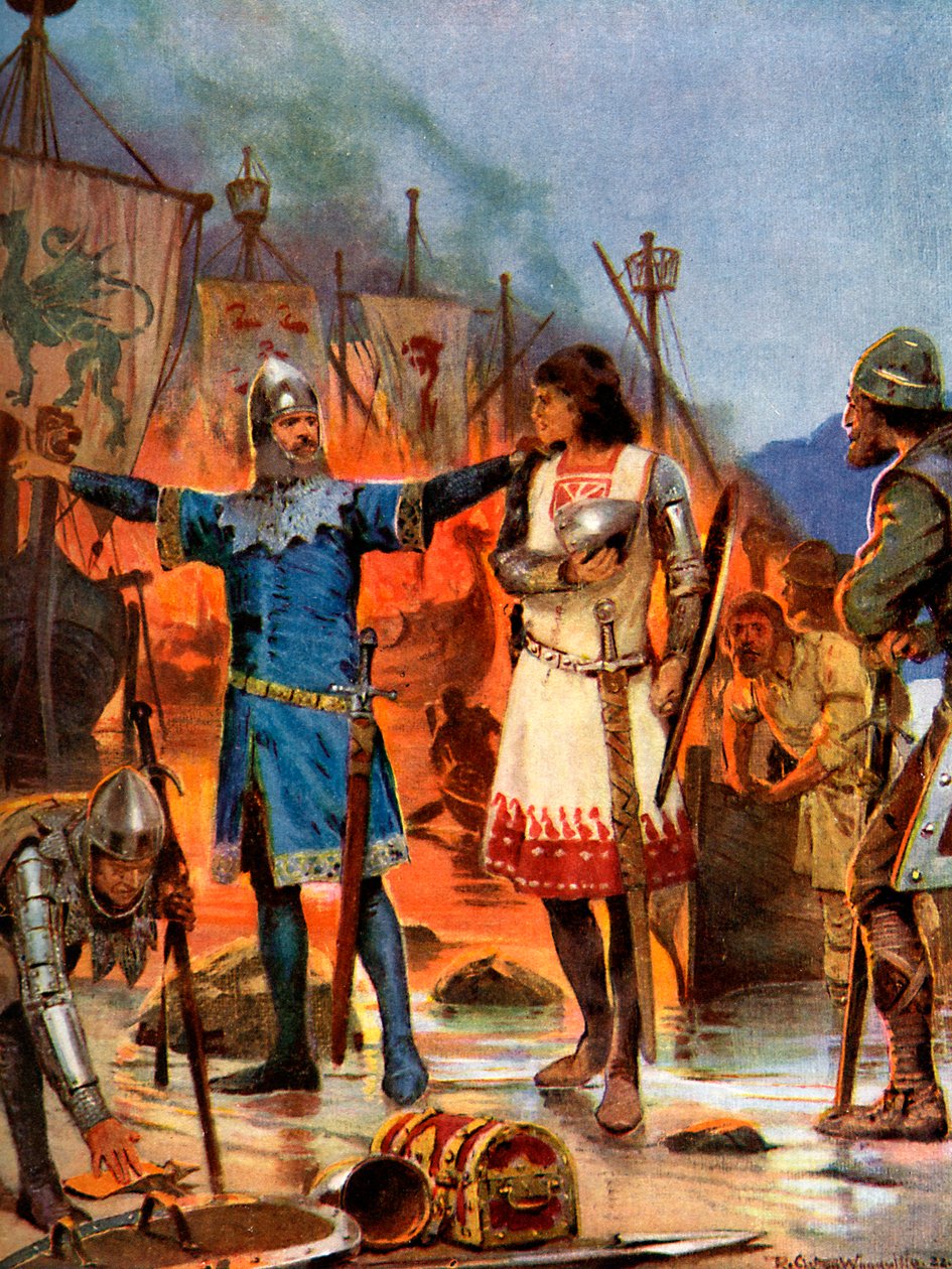 Fitz-Stephen spaluje své čluny, 1169 našeho letopočtu, c1920 od Richard Caton II Woodville