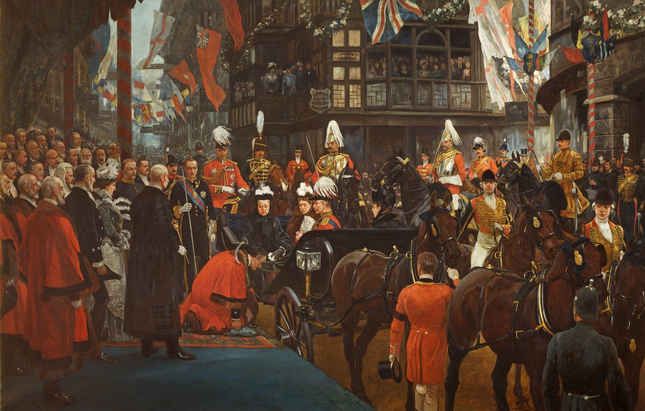 Královna Victoria Knighting Herbert Ashman, Esq., první primátor Bristolu, v Council House, 12. listopadu od Richard Caton II Woodville