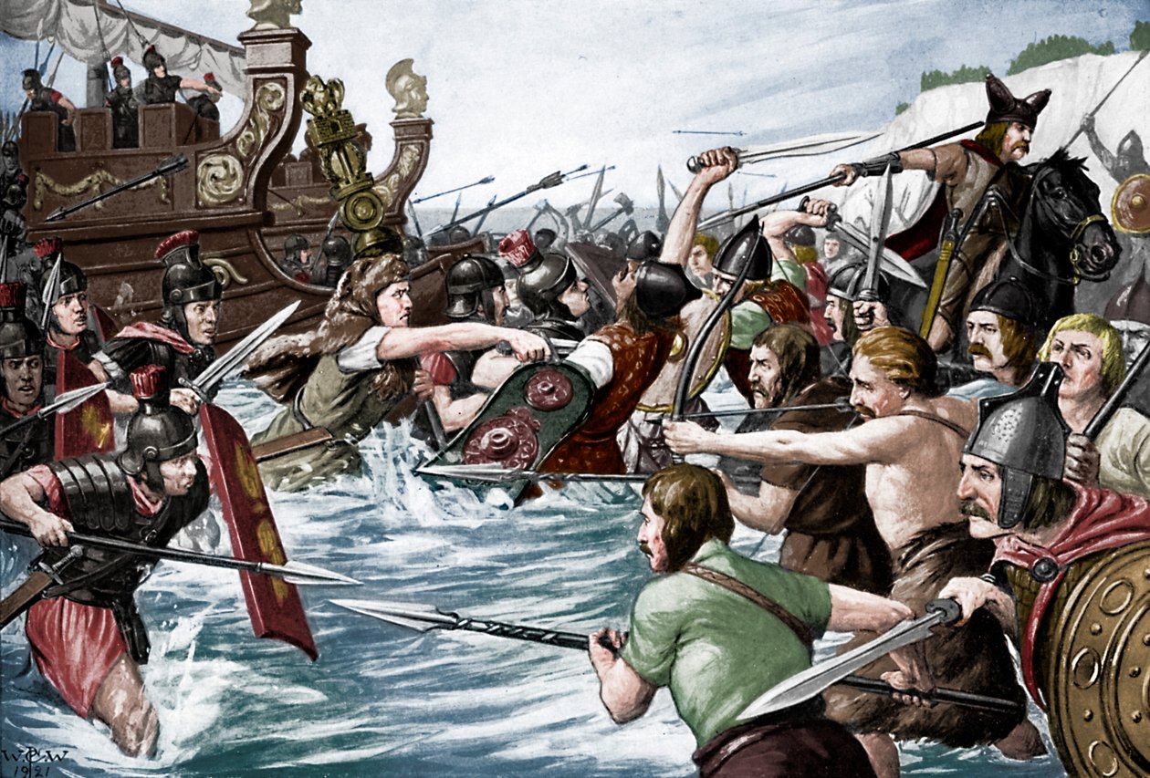 Přistání Julia Caesara v Británii, 55 př.nl, c 1920 od Richard Caton II Woodville