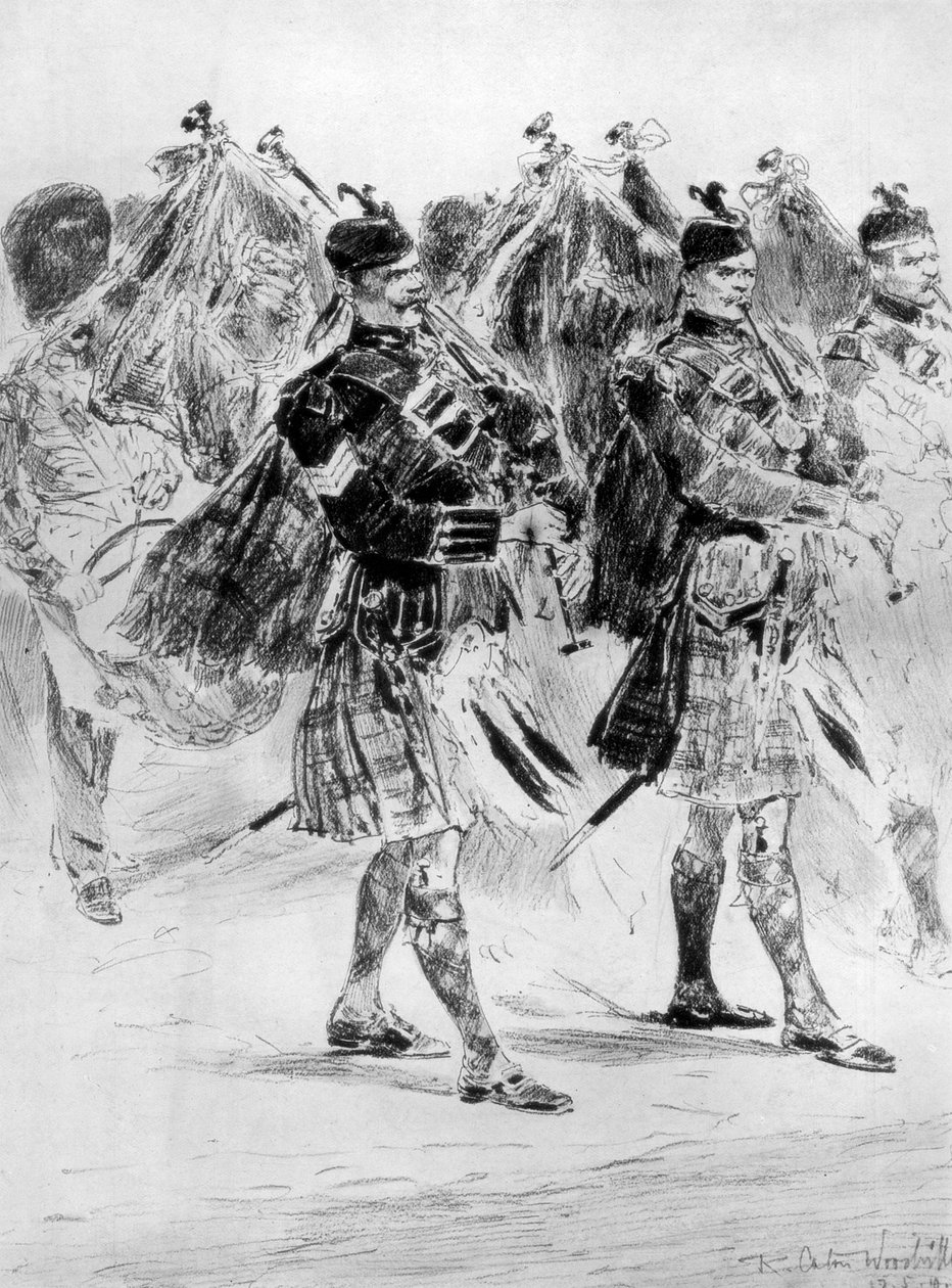 To the Wail of the Pipes, The Highland Soldiers Lament, 1910. od Richard Caton II Woodville