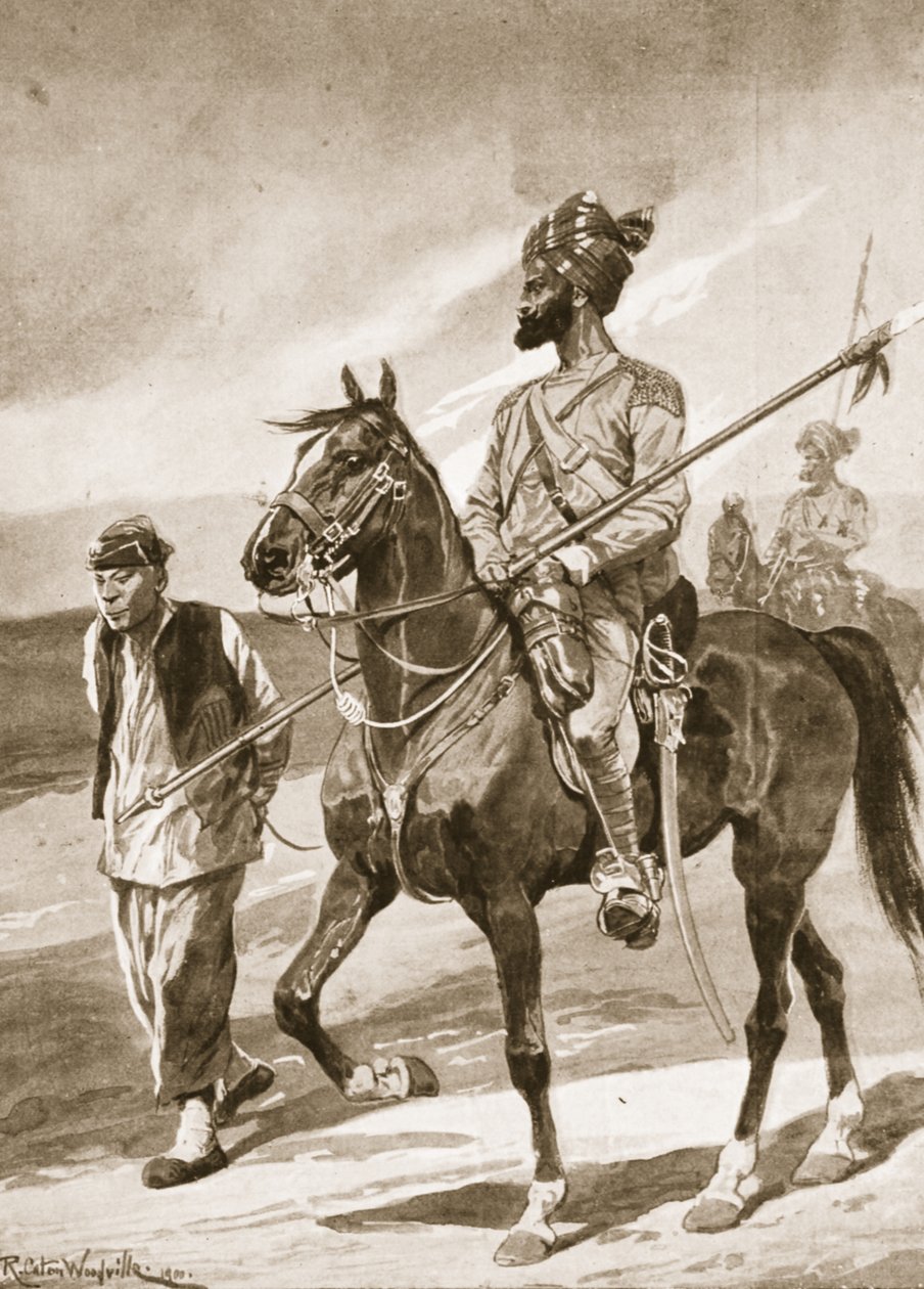 Bengálský kopiník a jeho zajatec boxera, ilustrace z „Bitvy devatenáctého století: sv. VII, Čínská válka 1900-1901