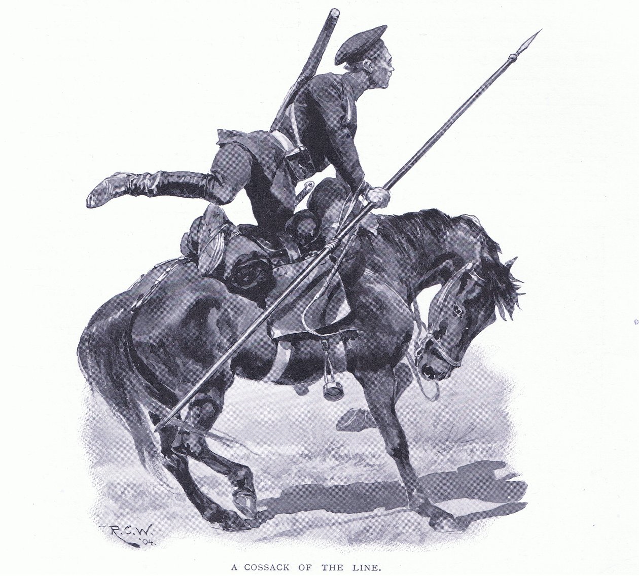 Kozák z linie, ilustrace z Cassells Historie rusko-japonské války Vol 1, kolem roku 1900 od Richard Caton Woodville