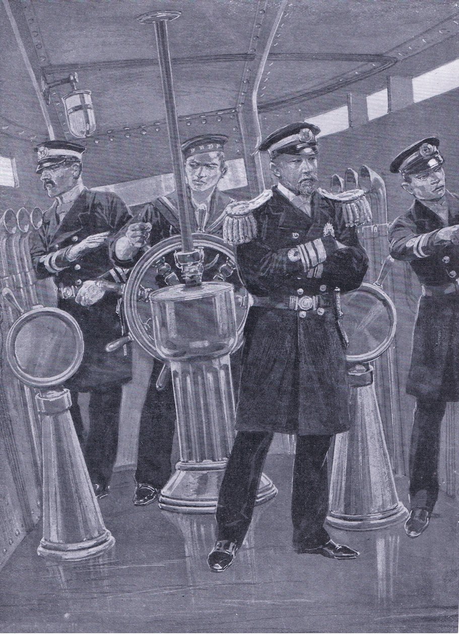 Admirál Togo na velitelské věži své vlajkové lodi řídí námořní akci, ilustrace z knihy Cassells History of the Russo-Japanese War Vol. 1, cca 1900. od Richard Caton Woodville