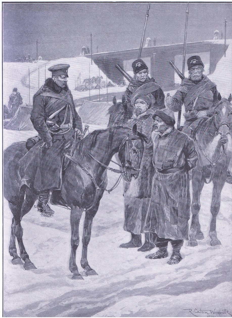 Zatčení japonských špionů objevených jako kuli, ilustrace z Cassells Historie rusko-japonské války Vol 1, kolem roku 1900 od Richard Caton Woodville