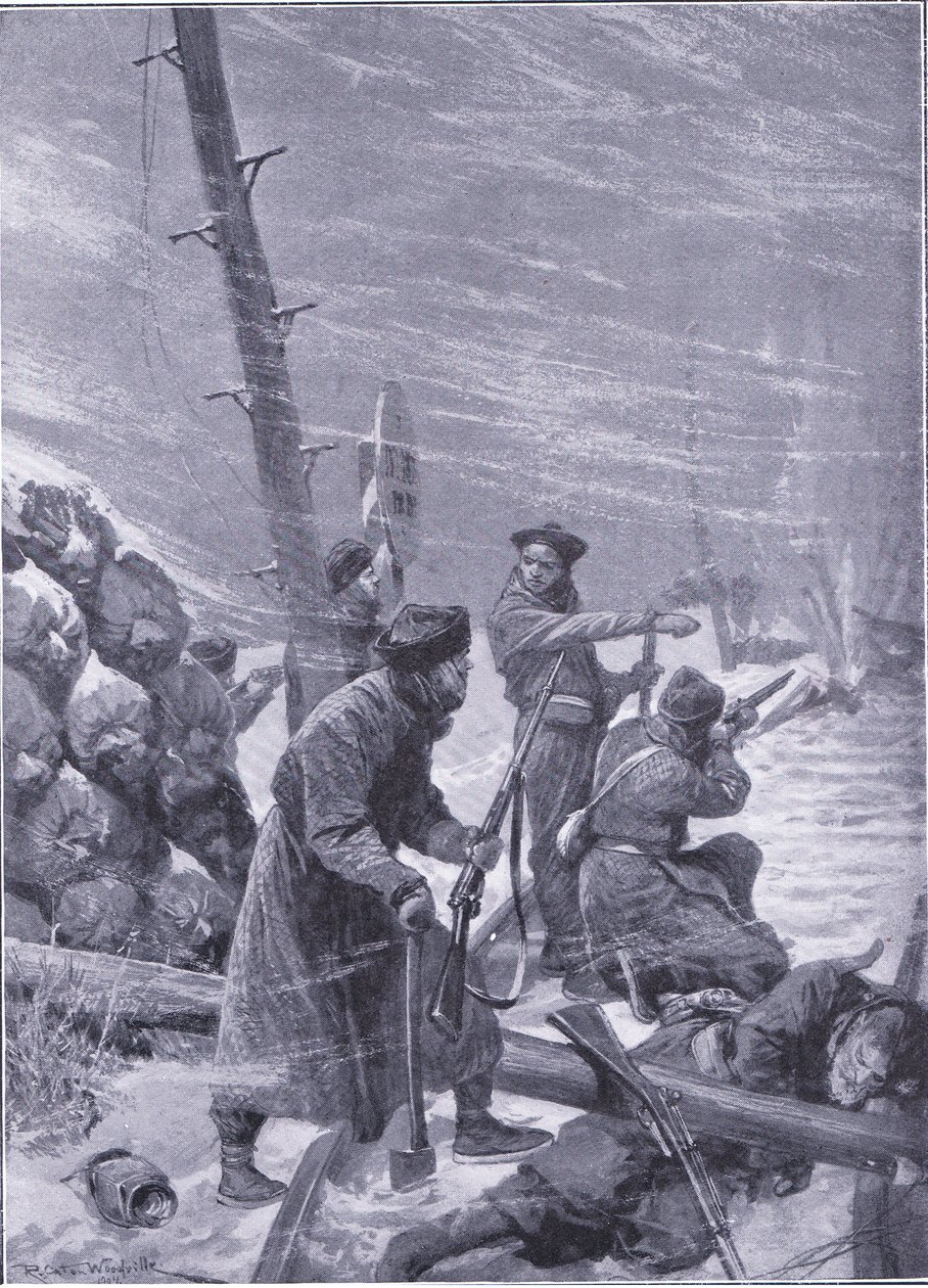 Útok na železnici od Chunchusů, ilustrace z Cassells Historie rusko-japonské války Vol 1, kolem roku 1900 od Richard Caton Woodville