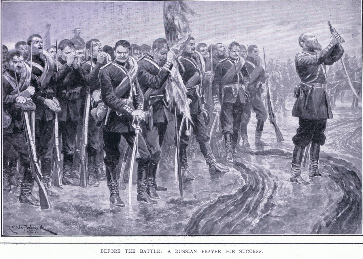Před bitvou: Ruská modlitba za úspěch, ilustrace z Cassells Historie rusko-japonské války Vol 1, kolem roku 1900 od Richard Caton Woodville