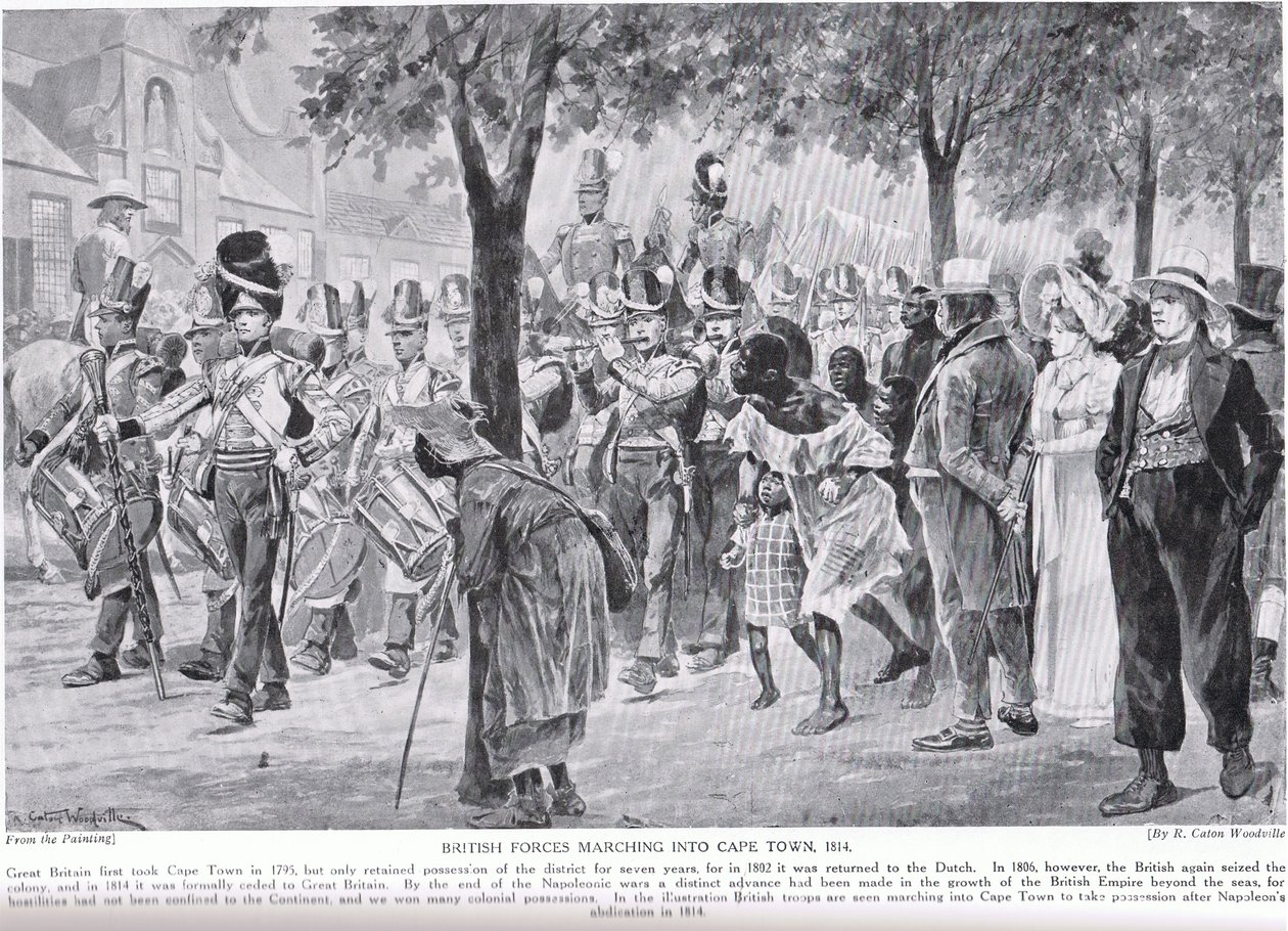Britské síly pochodující do Kapského Města, ilustrace z „Hutchinsonova příběhu britského národa“ od Richard Caton Woodville