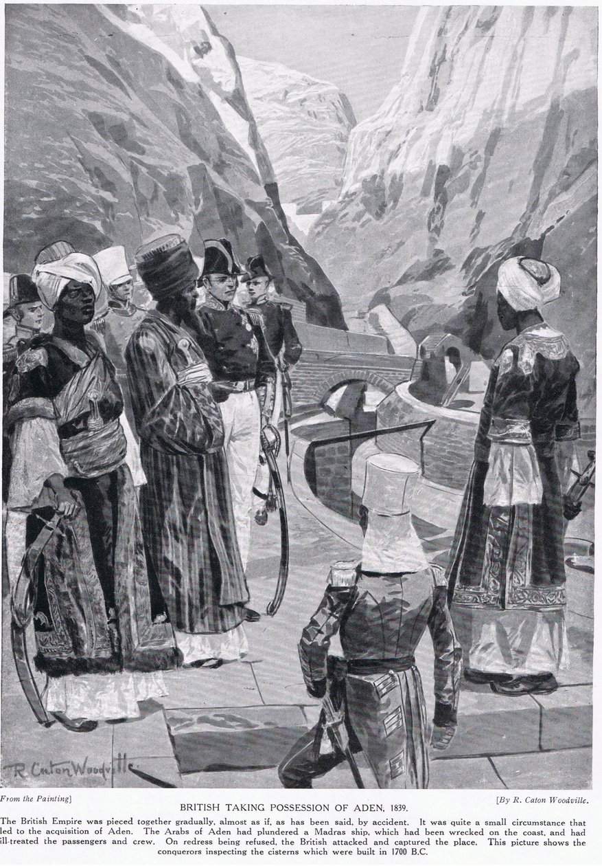 Britové zmocnění se Adenu, ilustrace z „Hutchinsonova příběhu britského národa“ od Richard Caton Woodville