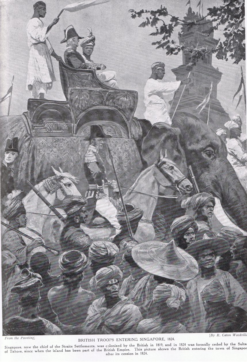 Britští vojáci vstupující do Singapuru, 1824, ilustrace z „Hutchinsonova příběhu britského národa“ od Richard Caton Woodville