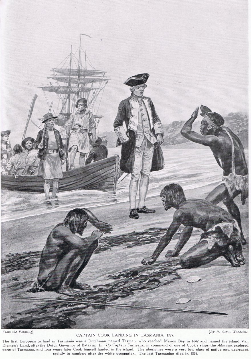 Přistání kapitána Cooka v Tasmánii, 1777, ilustrace z 