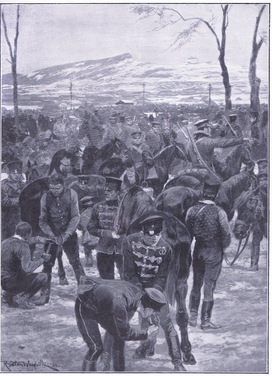 Japonský jezdecký tábor v Soulu: Podkováři v práci, ilustrace z Cassells Historie rusko-japonské války Vol 1, kolem roku 1900 od Richard Caton Woodville