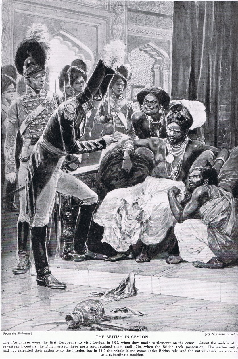Britové na Cejlonu, ilustrace z „Hutchinsonova příběhu britského národa“, kolem roku 1923 od Richard Caton Woodville