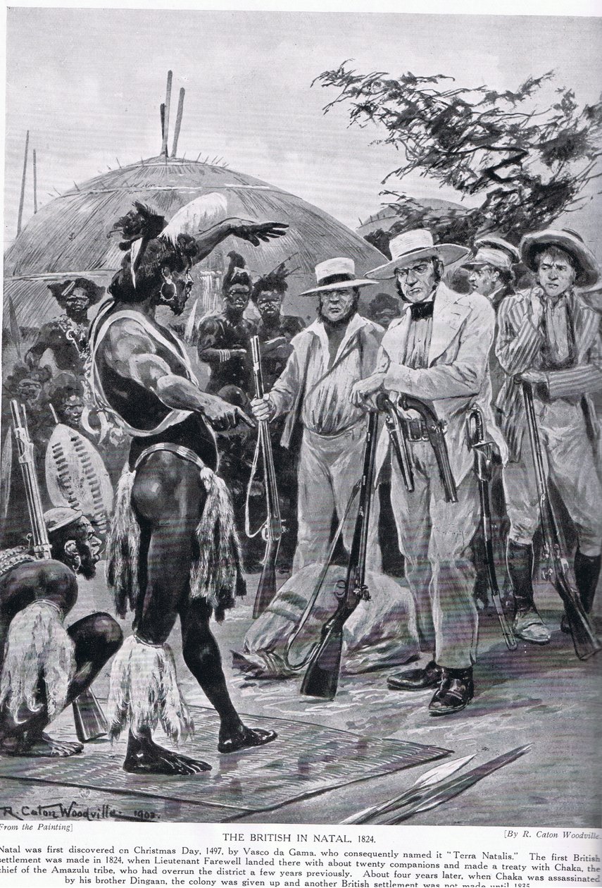 Britové v Natalu v roce 1824, ilustrace z „Hutchinsonova příběhu britského národa“ od Richard Caton Woodville