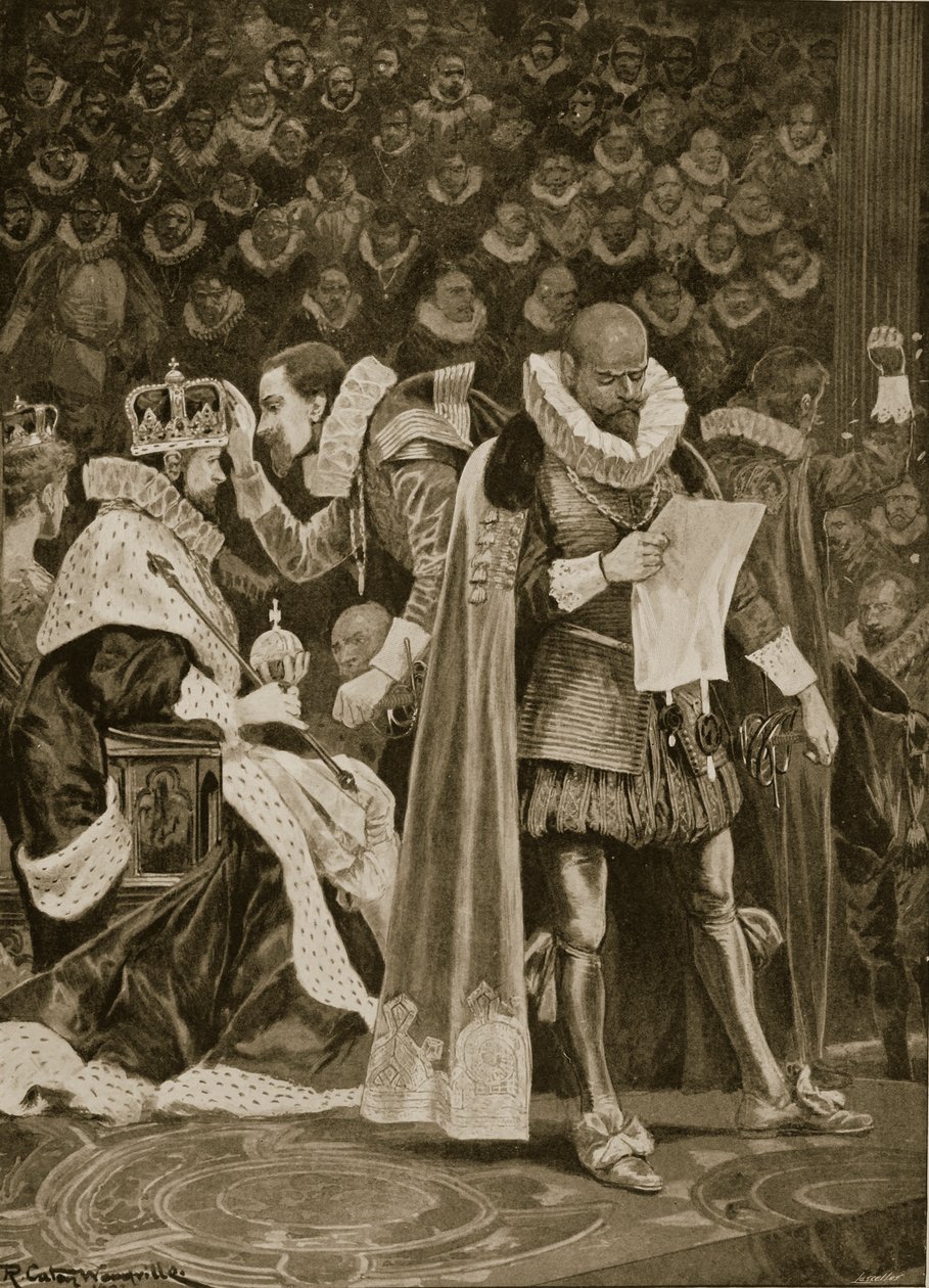 The Homage, the Largesse and General Pardon při korunovaci Jakuba I. a Anny Dánské, 25. července 1603, z „The Illustrated London News“, 1902 od Richard Caton Woodville