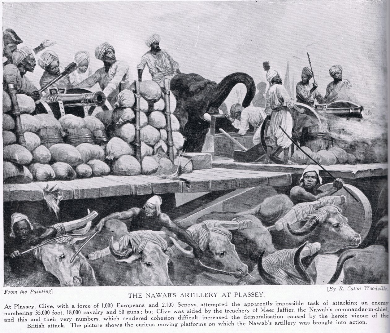 Nawabovo dělostřelectvo v Plassey, ilustrace z „Hutchinsonova příběhu britského národa“, kolem roku 1923 od Richard Caton Woodville