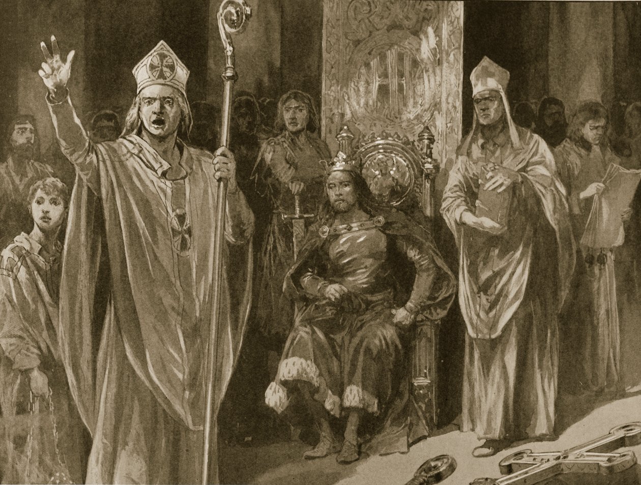 Řeč Huberta Waltera, arcibiskupa z Canterbury, při korunovaci Jana, na Den Nanebevstoupení Páně, 27. května 1199, z „The Illustrated London News“, 1902 od Richard Caton Woodville
