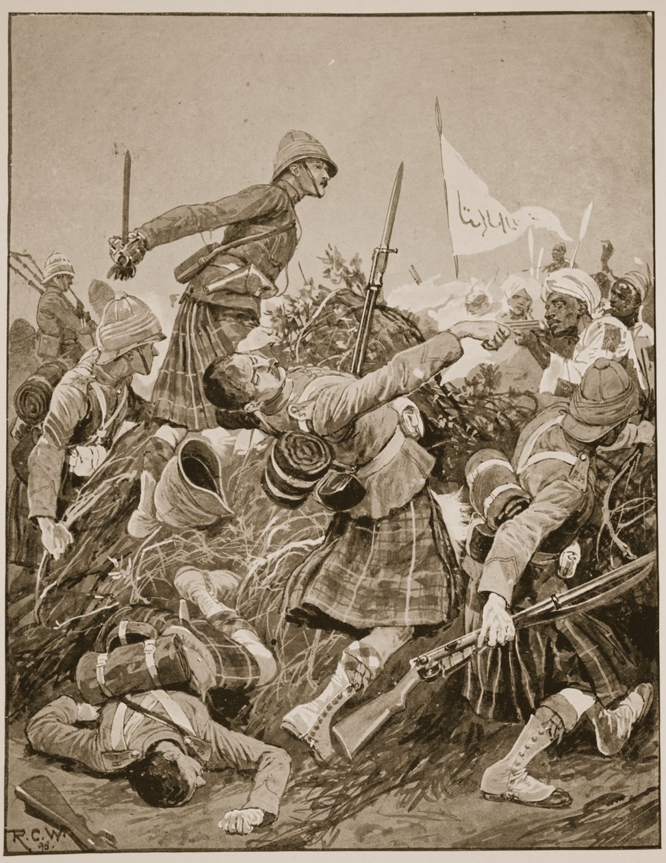 Seaforth Highlanders útočící na zarebu v bitvě u Atbary, ilustrace z 