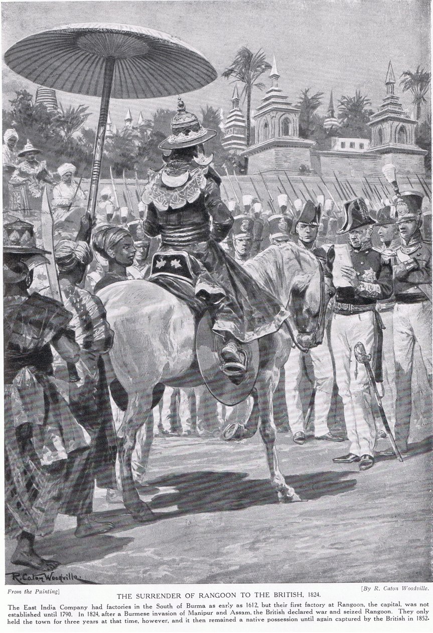 Kapitulace Rangúnu Britům, 1824, ilustrace z 