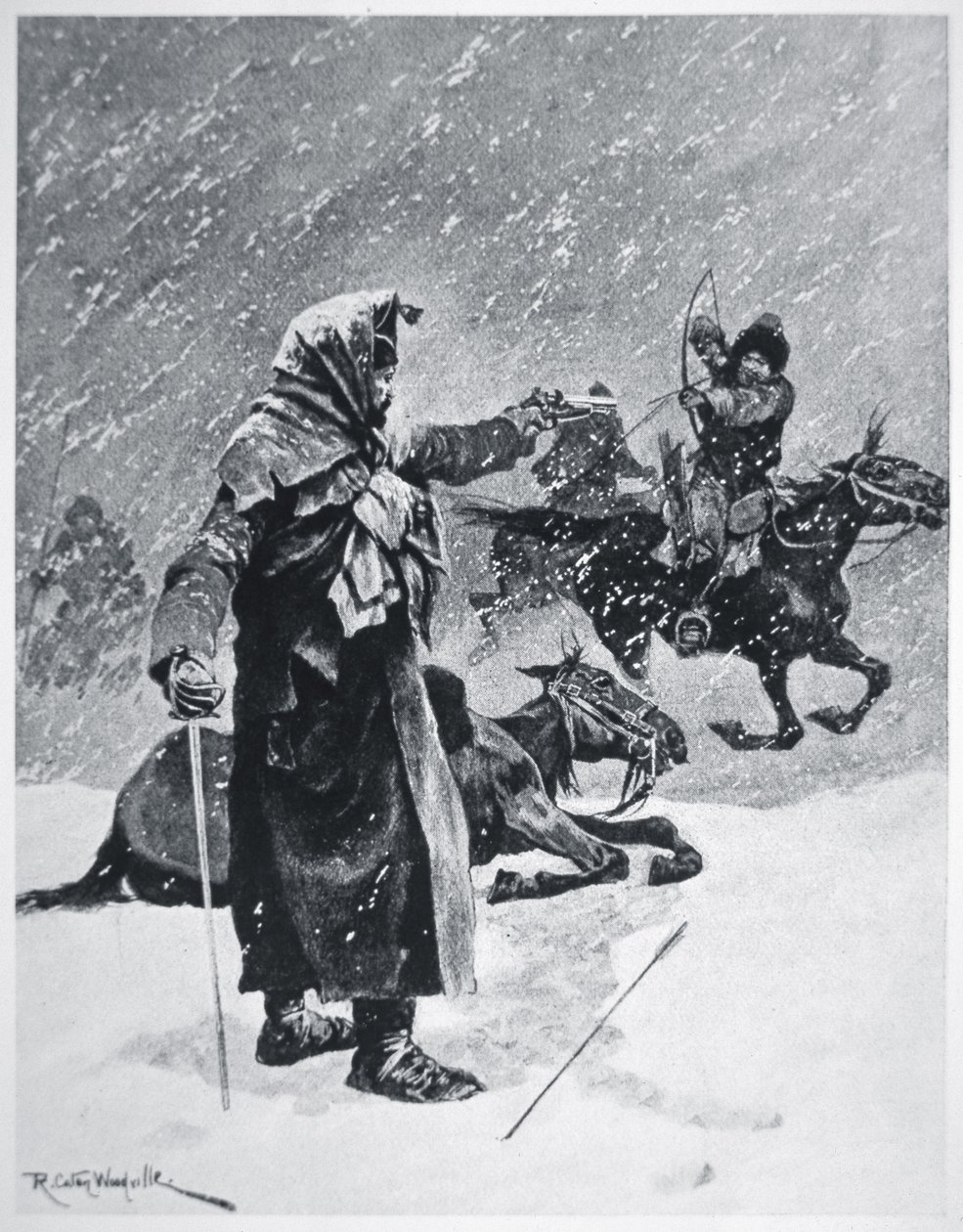 Turkicko-baškirští kozáci lučištníci pronásledovali a pronásledovali ústup Napoleonovy armády z Ruska v roce 1812 (barva litho) od Richard Caton Woodville