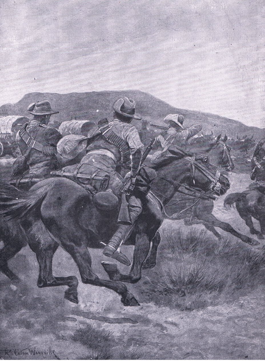 Yeomanry útočící na zadní voj a transport De Wets, z After Pretoria: The Guerilla War vydané nakladatelstvím Harmsworth Bros Limited, 1901 od Richard Caton Woodville