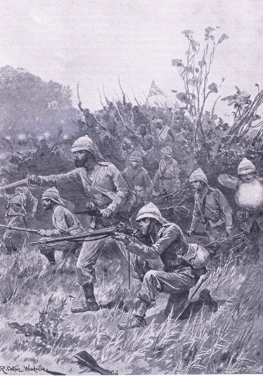 Postup britských sil v kampani Ashanti z roku 1873, ilustrace z britských bitev na zemi a na moři, 1915 od Richard Caton Woodville junior