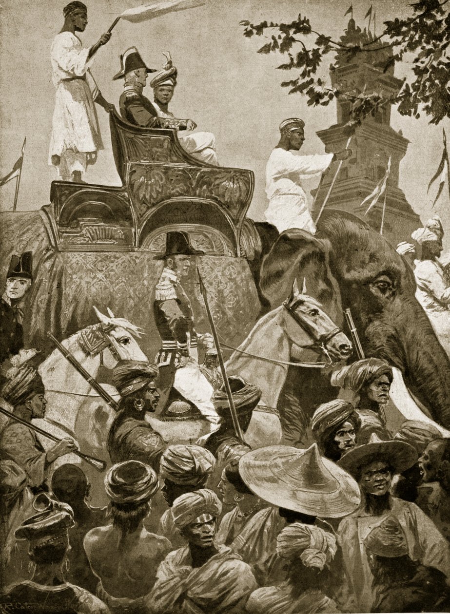 Britská vojska vstupující do Singapuru, 1824, ilustrace z knihy "Hutchinson