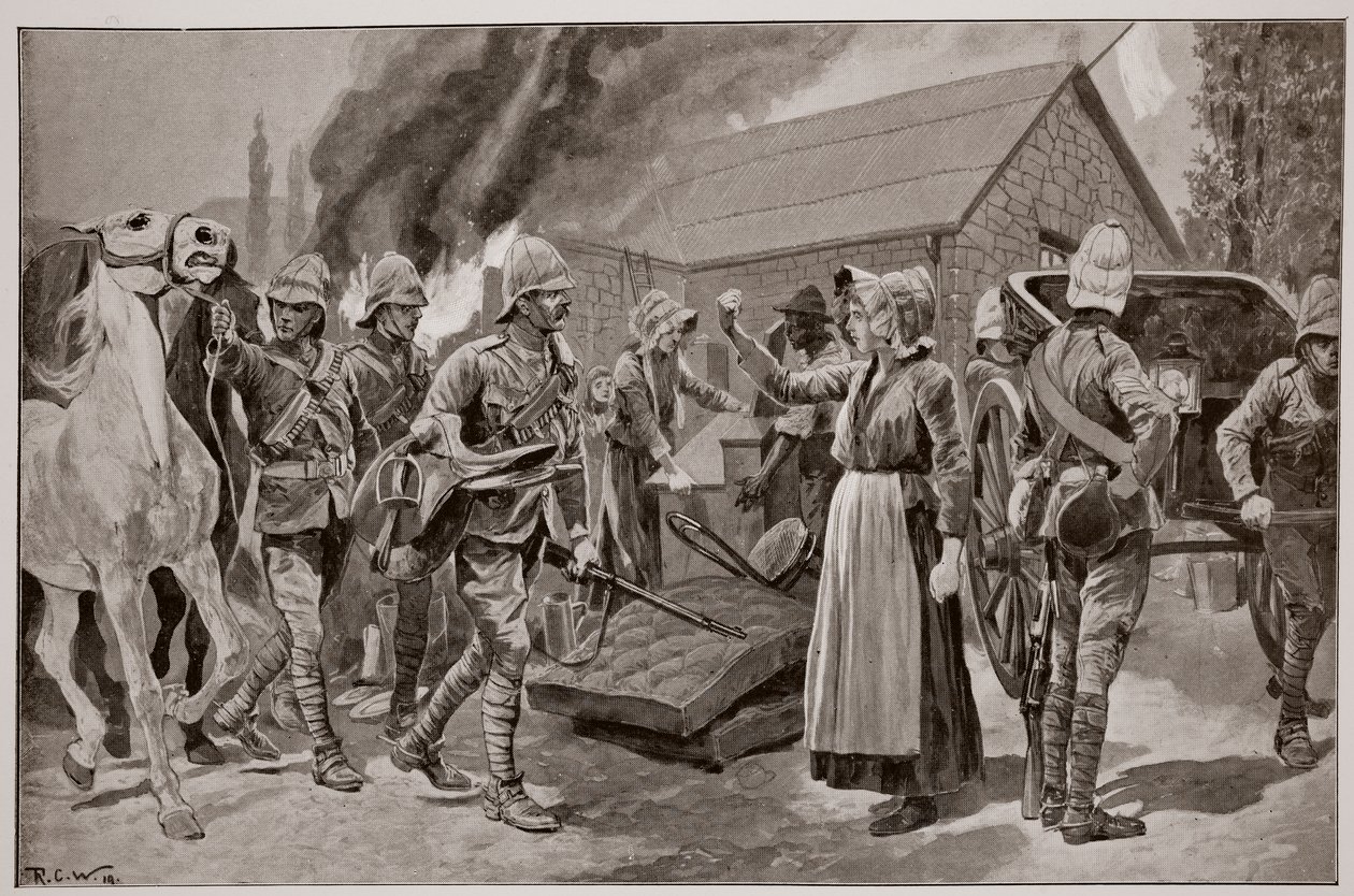 Vypálení farmy proradného měšťana podle náčrtu Meltona Priora (1845-1910) od Richard Caton Woodville junior