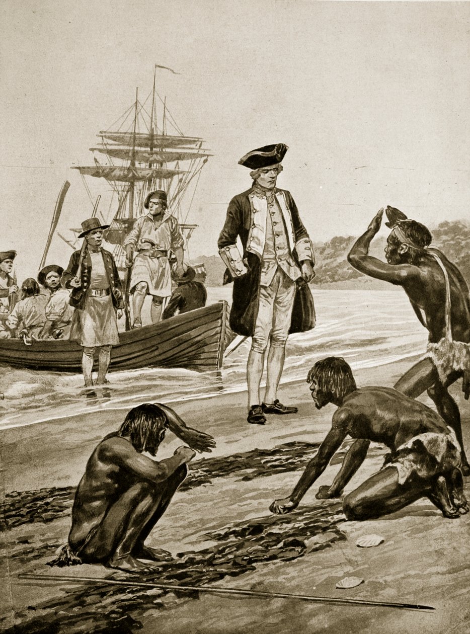 Přistání kapitána Cooka v Tasmánii, 1777, ilustrace z 
