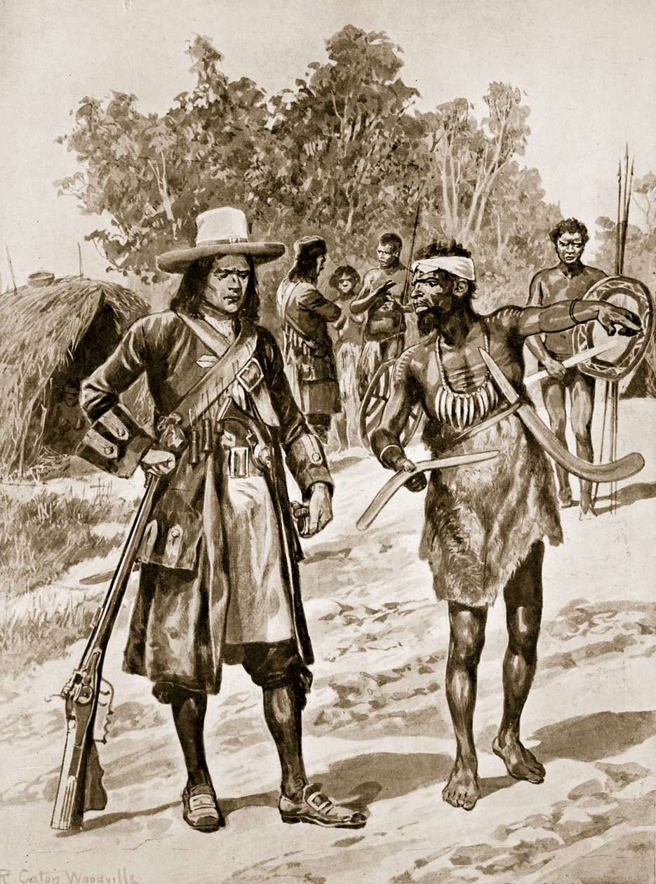 Dampier zkoumá bumerang v Austrálii, ilustrace z 