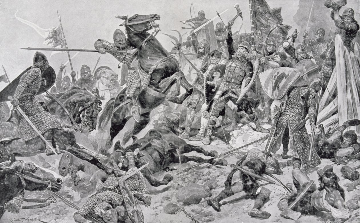 Harold je (c.1022-66) Last Stand, ilustrace z ‚britských bitvy na zemi i na moři‘, editoval sirem Evelyn Wood (1838-1919), nejprve publikoval 1915 od Richard Caton Woodville junior