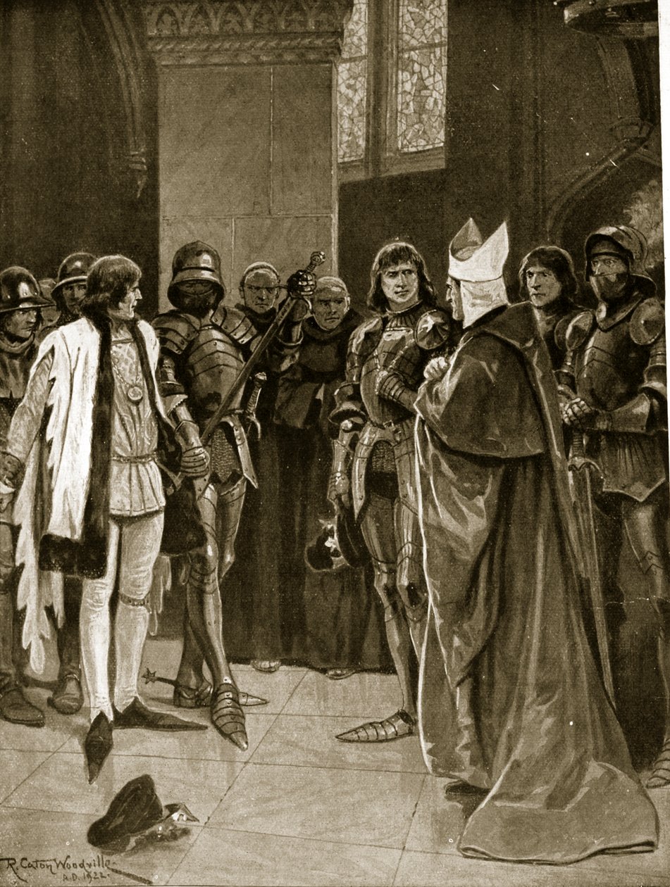 Předání Jindřicha VI. Eduardovi IV. v katedrále svatého Pavla, 1401, ilustrace z knihy "Hutchinson