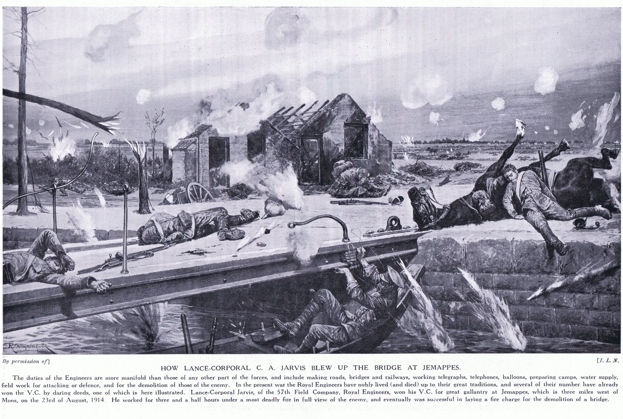 Jak Lance Desátník C A Jarvis vyhodil do vzduchu most v Jemappes poblíž Mons a vyhrál VC, srpen 1914 od Richard Caton Woodville junior