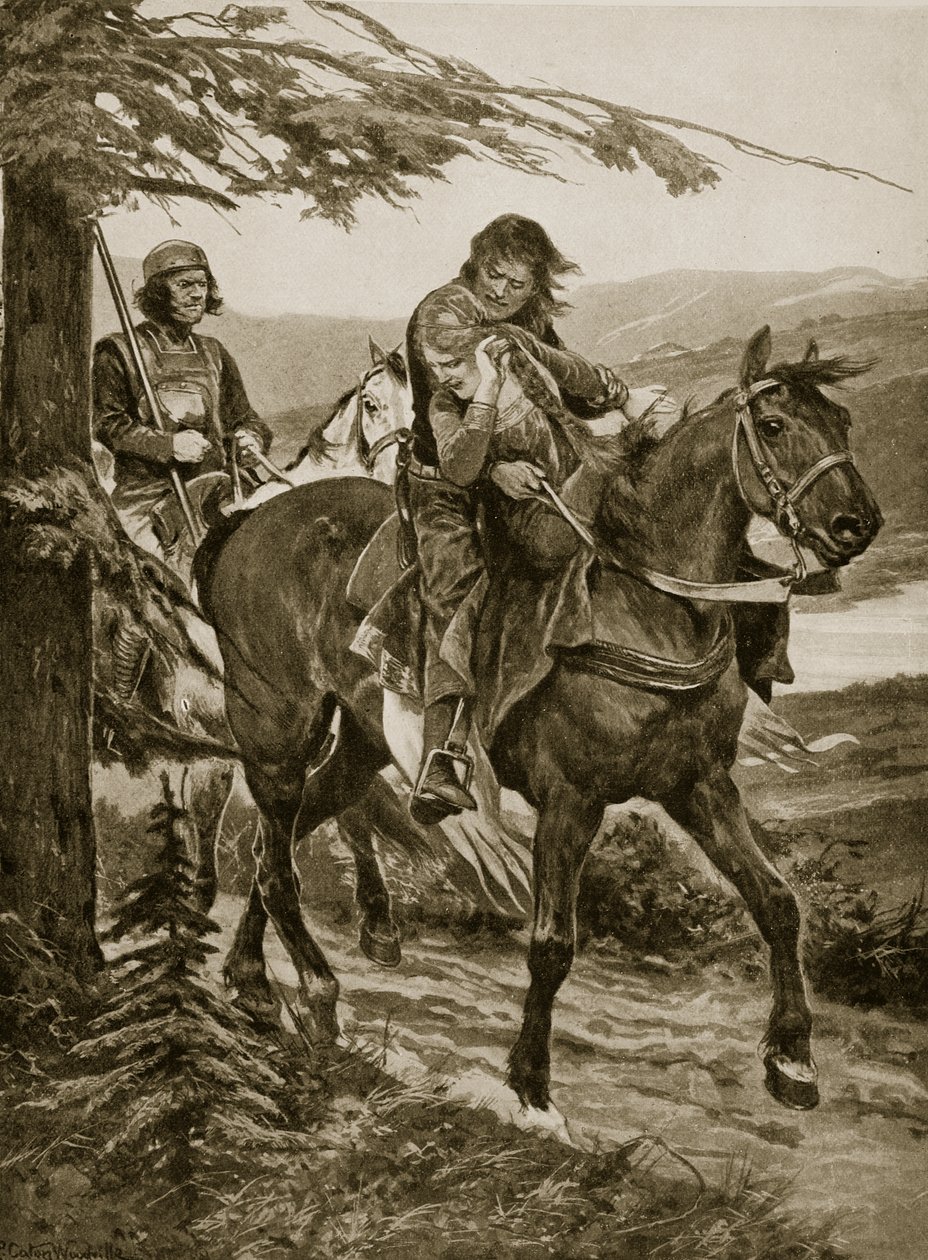 Král Dermot nese Devorgila, ilustrace z „Hutchinsonova příběhu britského národa“, kolem roku 1920 od Richard Caton Woodville junior