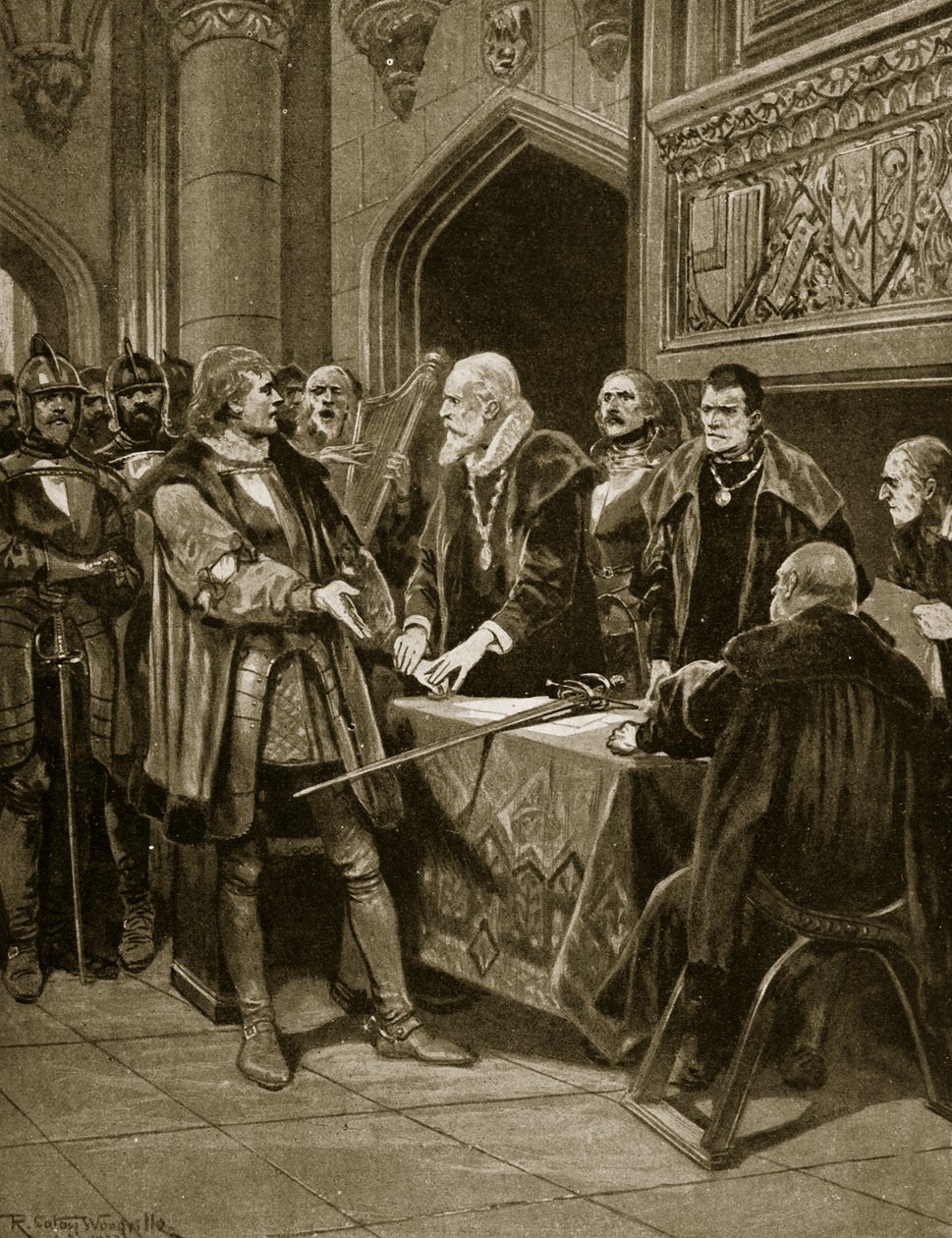 Lord Thomas Fitzgerald odhodí svůj meč, ilustrace z „Hutchinsonova příběhu britského národa“, kolem roku 1923 od Richard Caton Woodville junior