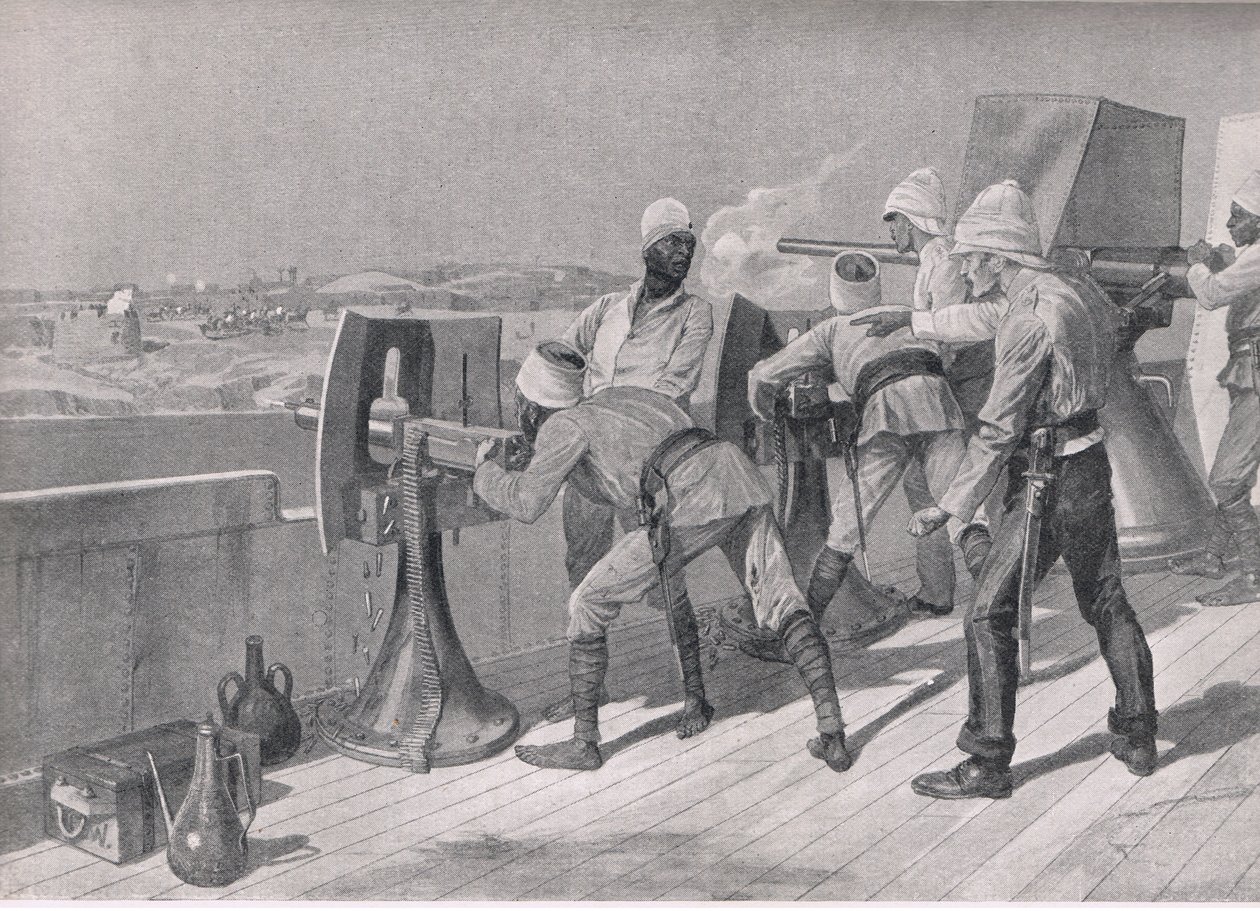 Na cestě po Nilu: Střelba na Derviše, ilustrace z britských bitev na souši a na moři, 1915 od Richard Caton Woodville junior