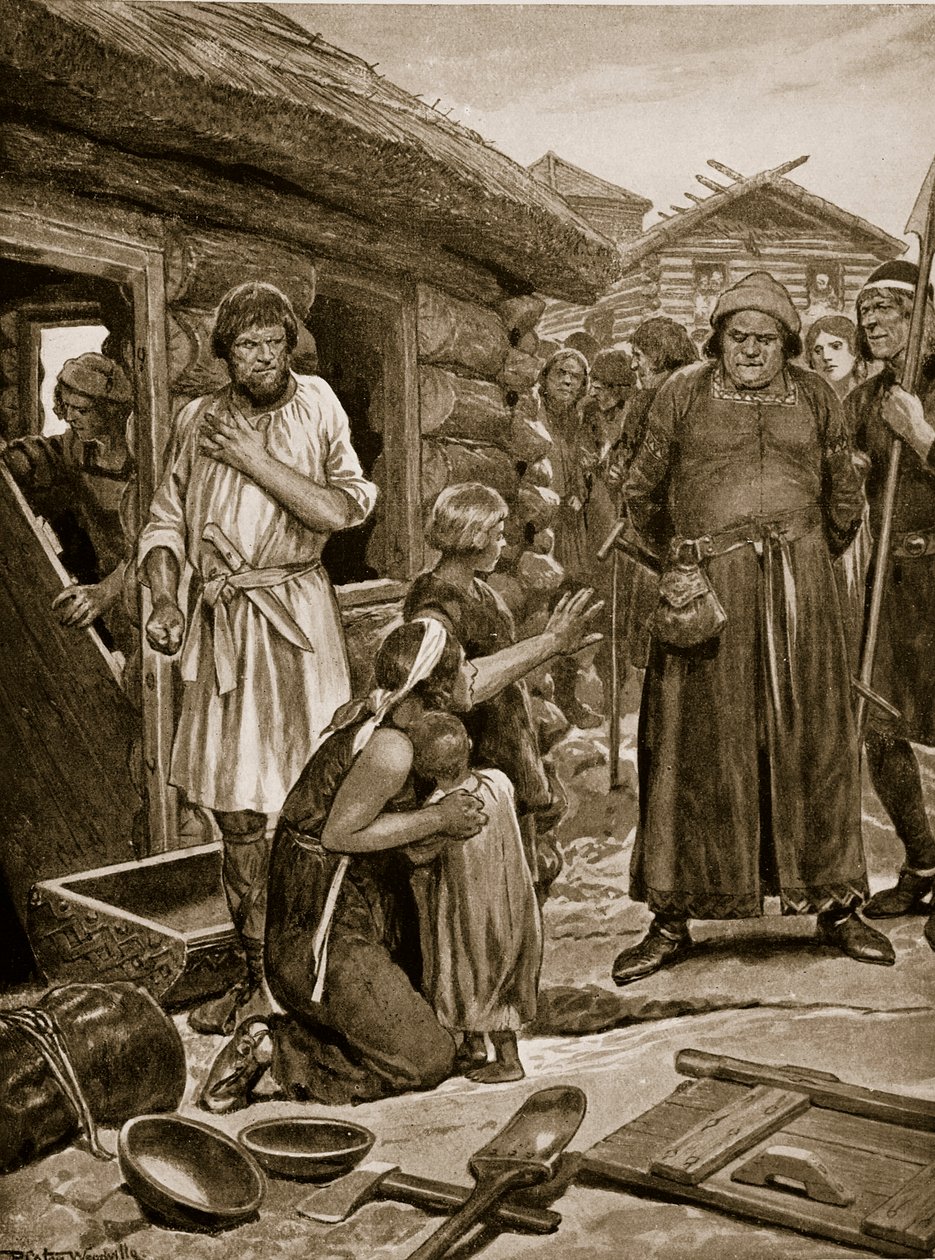 Nadměrně zdaněné subjekty vyhoštěné ze svých domů, ilustrace z „Hutchinsonova příběhu britského národa“, kolem roku 1923 od Richard Caton Woodville junior