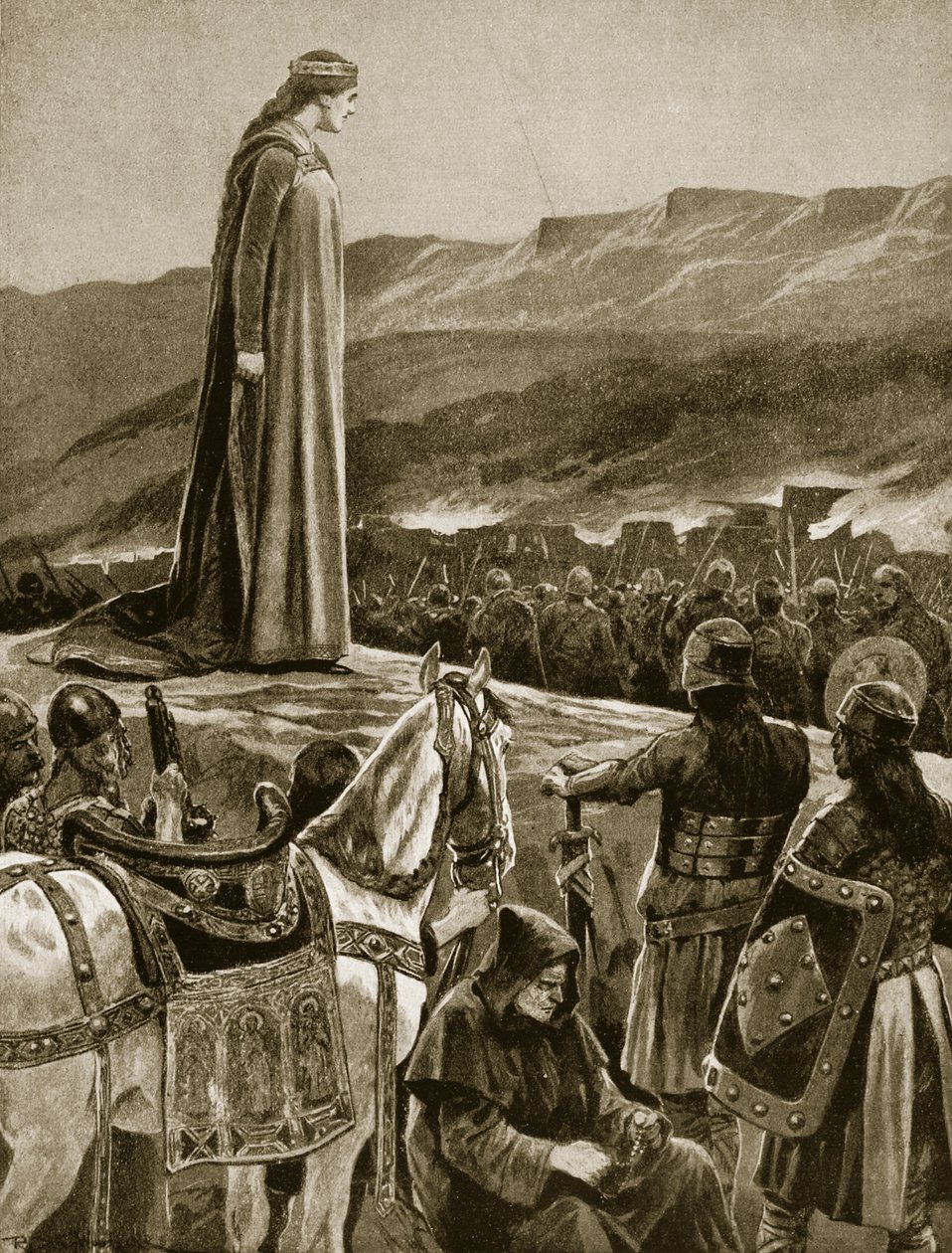 Královna Ethelfled sleduje útok na Brecon, ilustrace z knihy "Hutchinson