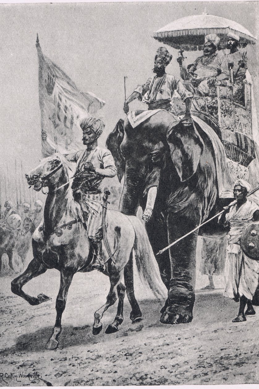 Siraj-ud-Daulah v Plassey, 23. června 1757, ilustrace z britských bitev na zemi a na moři, 1915 od Richard Caton Woodville junior
