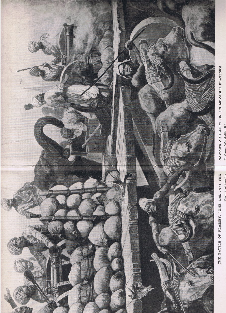 Bitva o Plassey 23. června 1757: Nawabské dělostřelectvo na své pohyblivé platformě, ilustrace z britských bitev na souši a na moři, 1915 od Richard Caton Woodville junior