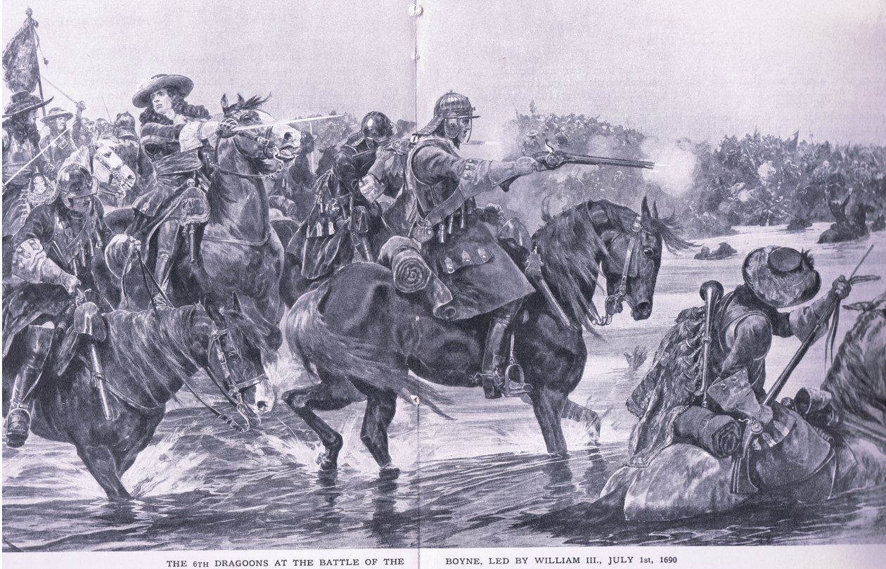 Bitva u Boyne 1. července 1690, ilustrace z britských bitev na souši a na moři, 1915 od Richard Caton Woodville junior